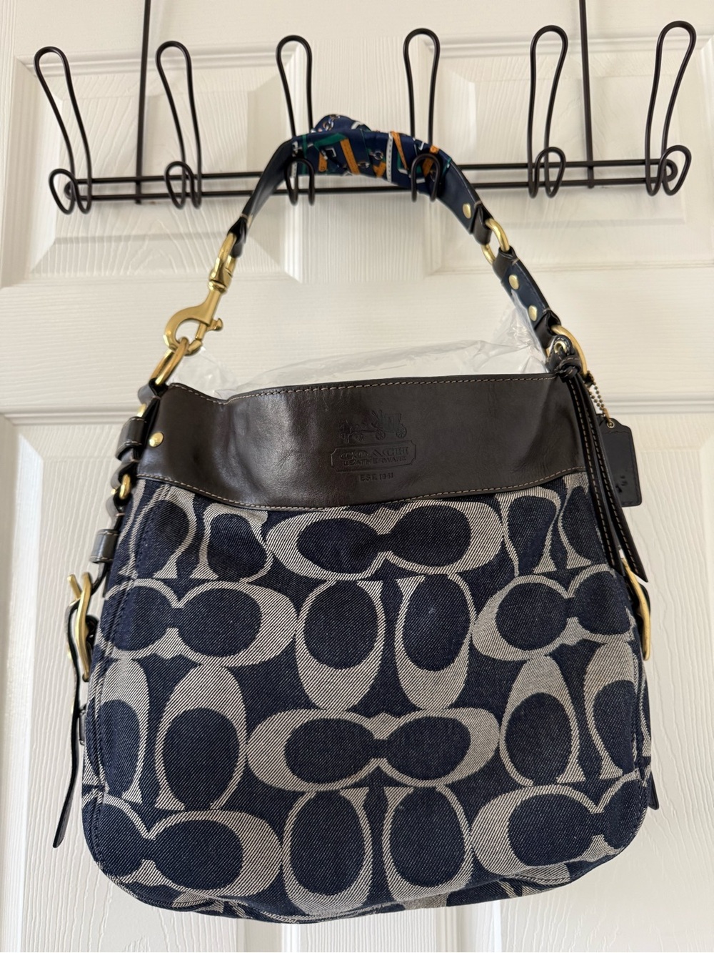 Coach Signature Denim Jacquard Hobo Shoulder Bag Brown Leather Brass Large